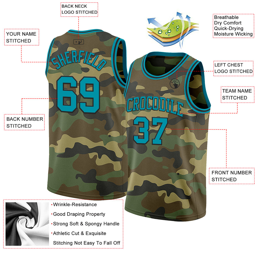 Custom Camo Teal-Black Authentic Salute To Service Basketball Jersey