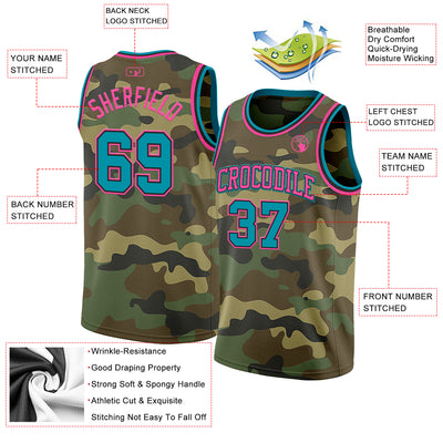 Custom Camo Teal Black-Pink Authentic Salute To Service Basketball Jersey