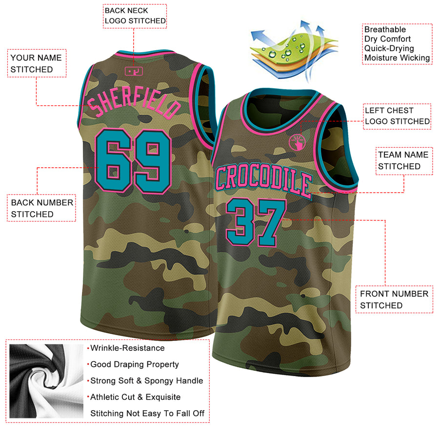 Custom Camo Teal Black-Pink Authentic Salute To Service Basketball Jersey