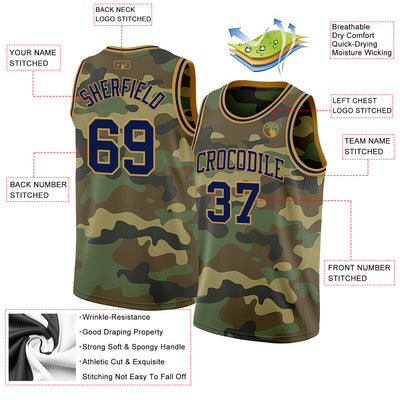 Custom Camo Navy-Old Gold Authentic Salute To Service Basketball Jersey