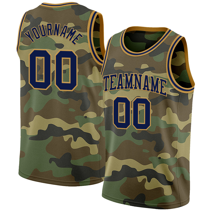 Custom Camo Navy-Old Gold Authentic Salute To Service Basketball Jersey