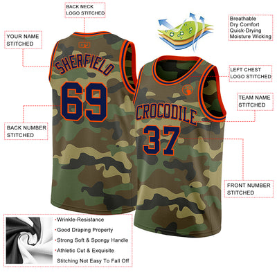 Custom Camo Navy-Orange Authentic Salute To Service Basketball Jersey