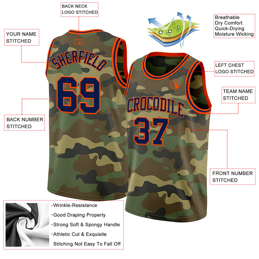 Custom Camo Navy-Orange Authentic Salute To Service Basketball Jersey