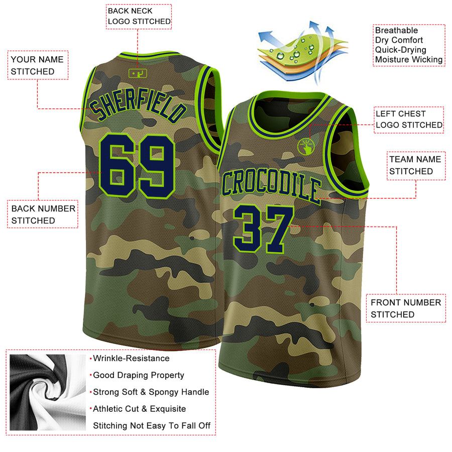 Custom Camo Navy-Neon Green Authentic Salute To Service Basketball Jersey