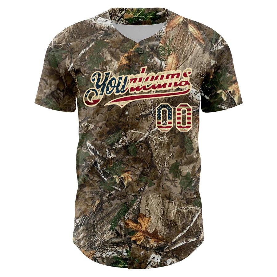 Custom Camo Vintage USA Flag-Cream 3D Woodland Camo Authentic Salute To Service Baseball Jersey