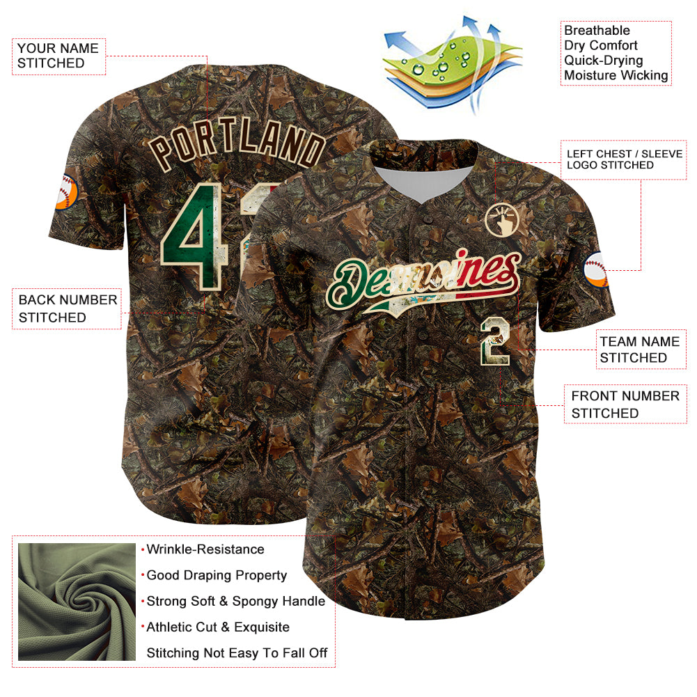 Custom Camo Vintage Mexican Flag-Cream 3D Woodland Camo Authentic Salute To Service Baseball Jersey