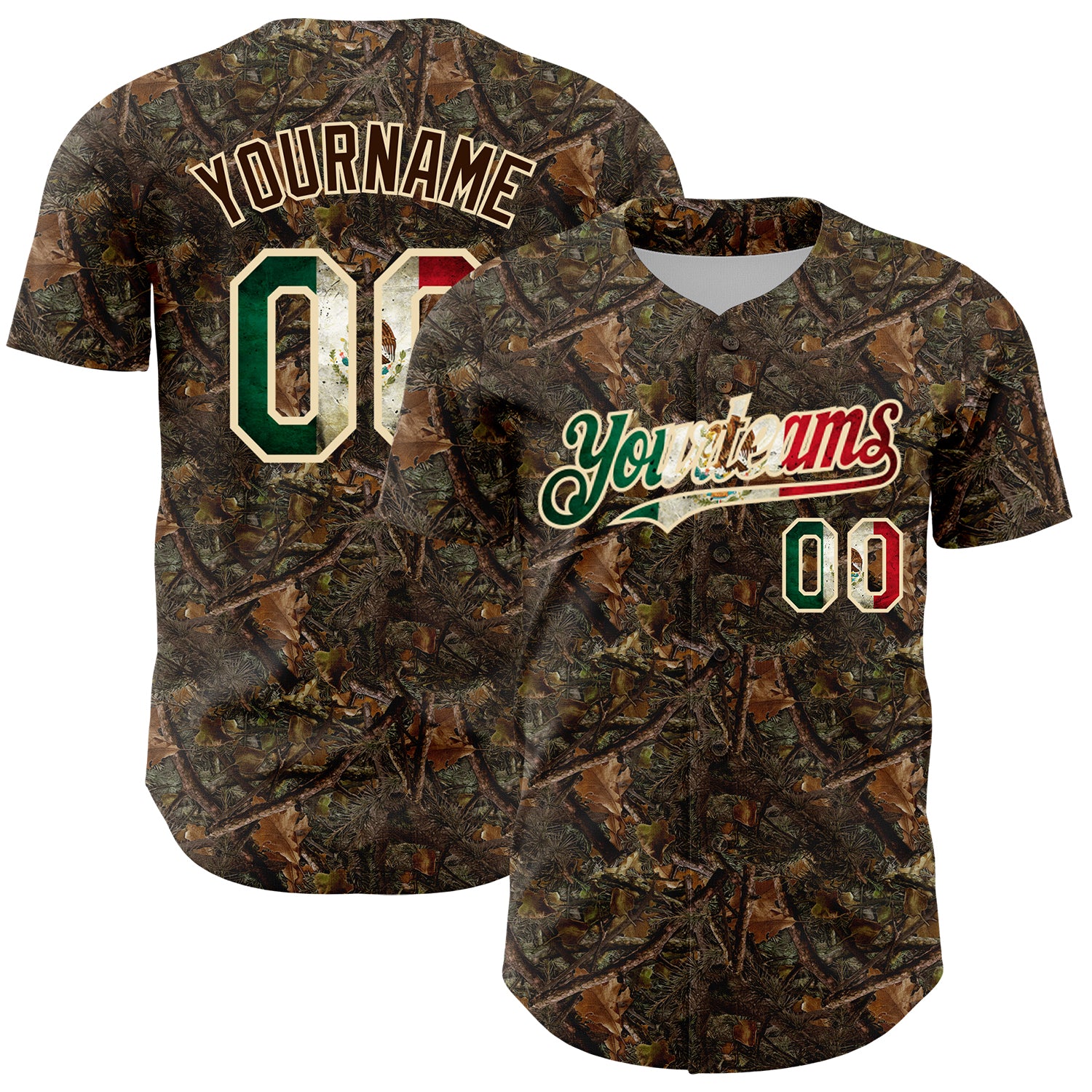 Custom Camo Vintage Mexican Flag-Cream 3D Woodland Camo Authentic Salute To Service Baseball Jersey
