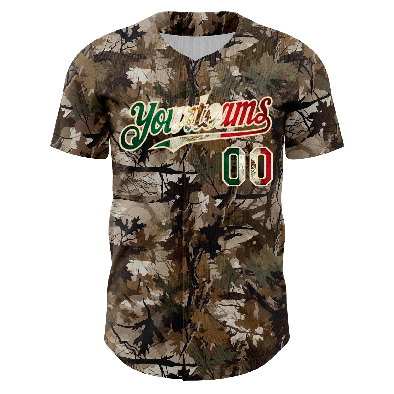 Custom Camo Vintage Mexican Flag-Cream 3D Woodland Camo Authentic Salute To Service Baseball Jersey