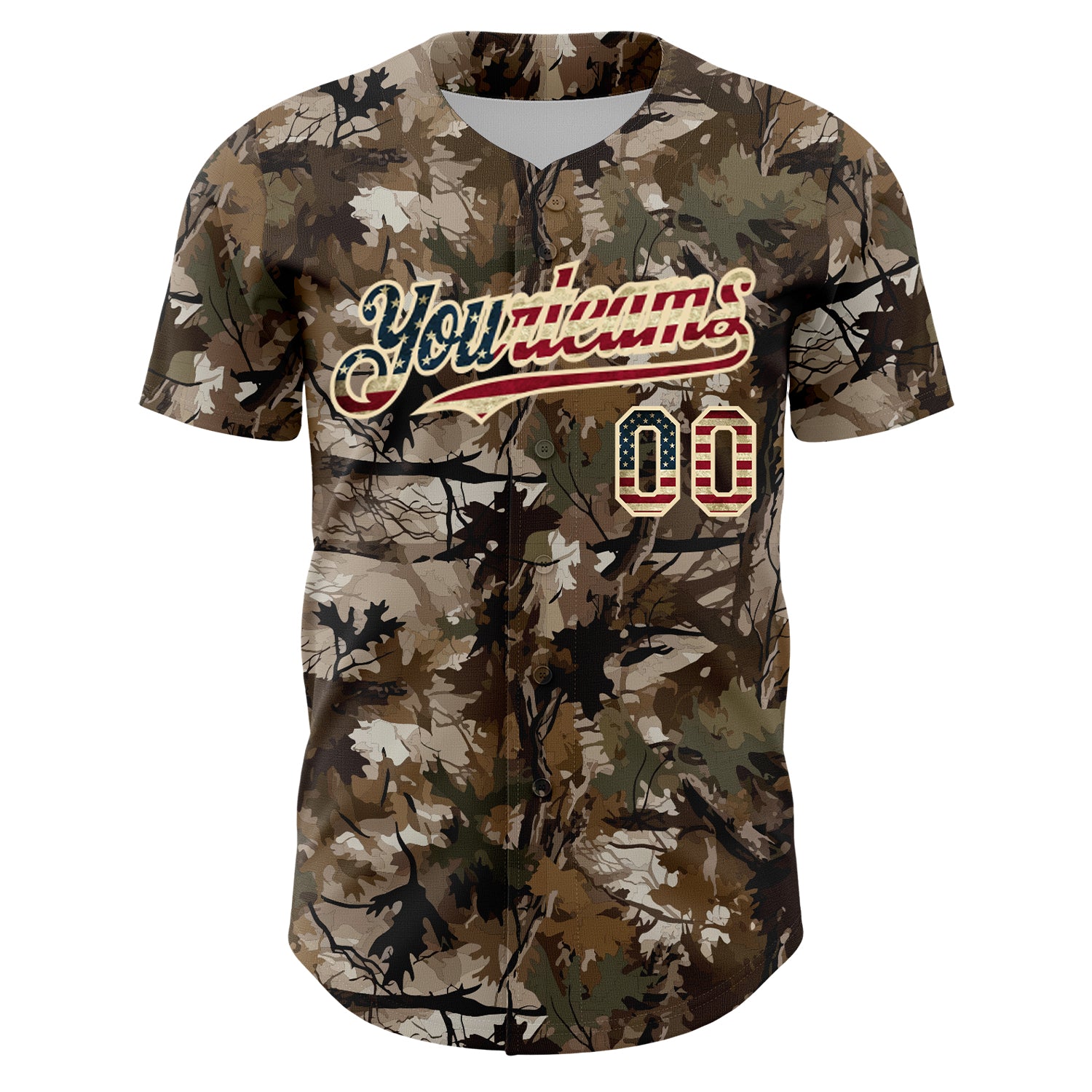 Custom Camo Vintage USA Flag-Cream 3D Woodland Camo Authentic Salute To Service Baseball Jersey