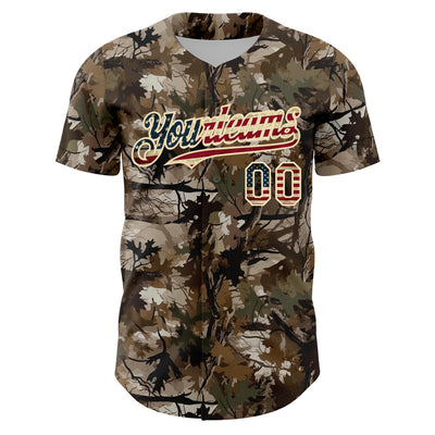 Custom Camo Vintage USA Flag-Cream 3D Woodland Camo Authentic Salute To Service Baseball Jersey