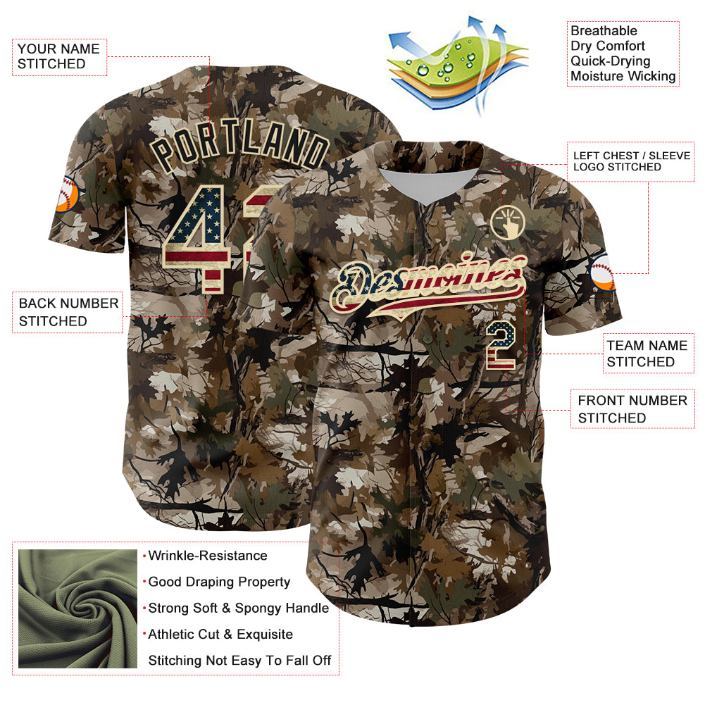 Custom Camo Vintage USA Flag-Cream 3D Woodland Camo Authentic Salute To Service Baseball Jersey