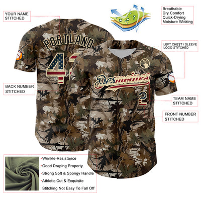 Custom Camo Vintage USA Flag-Cream 3D Woodland Camo Authentic Salute To Service Baseball Jersey