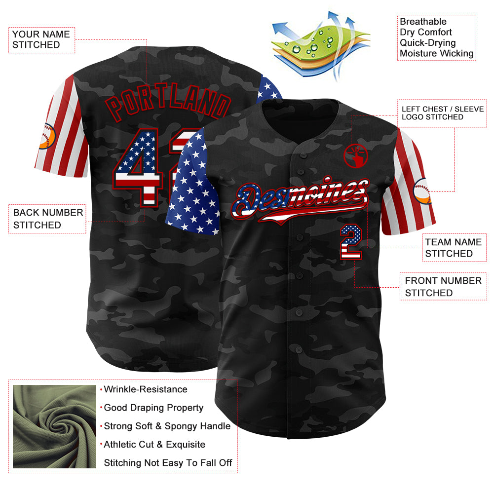 Custom Camo USA Flag Black-Red 3D Authentic Salute To Service Baseball Jersey