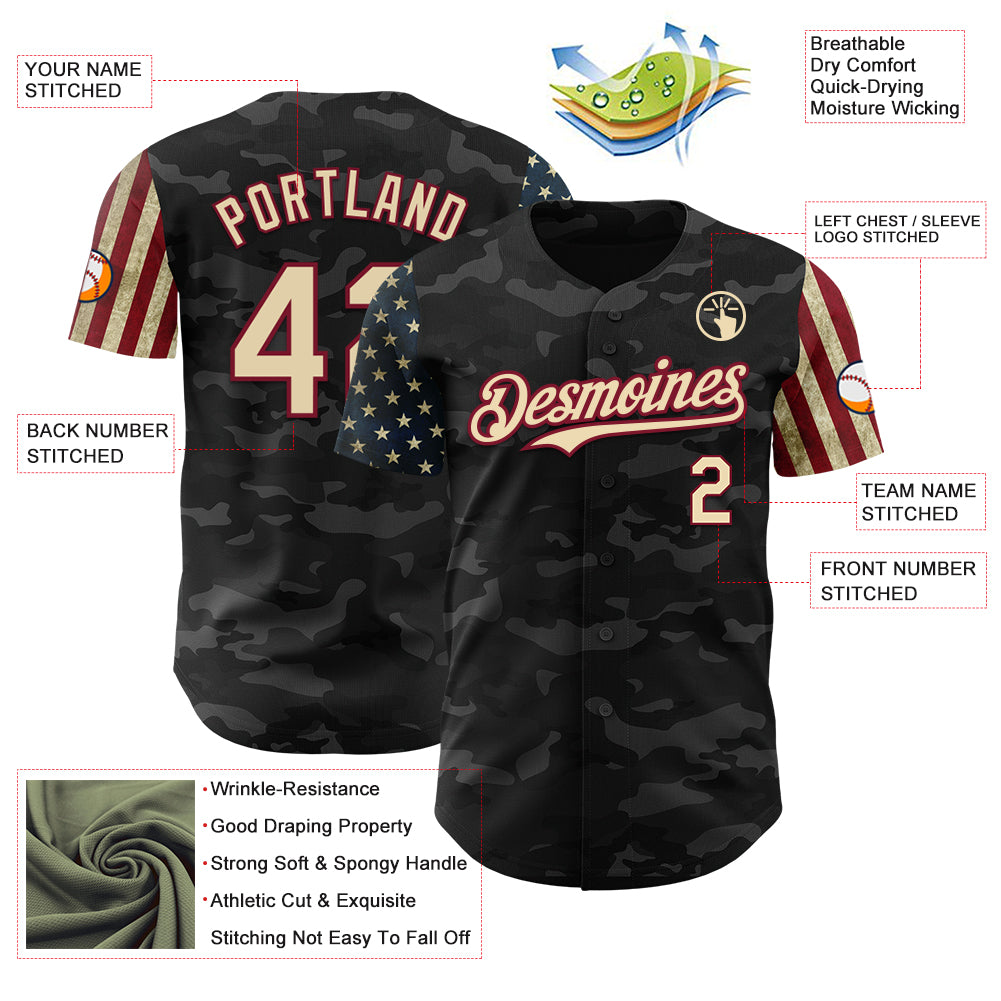 Custom Camo Cream-Crimson 3D American Flag Authentic Salute To Service Baseball Jersey