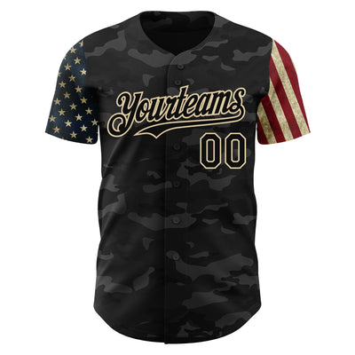 Custom Camo Black-Cream 3D American Flag Authentic Salute To Service Baseball Jersey