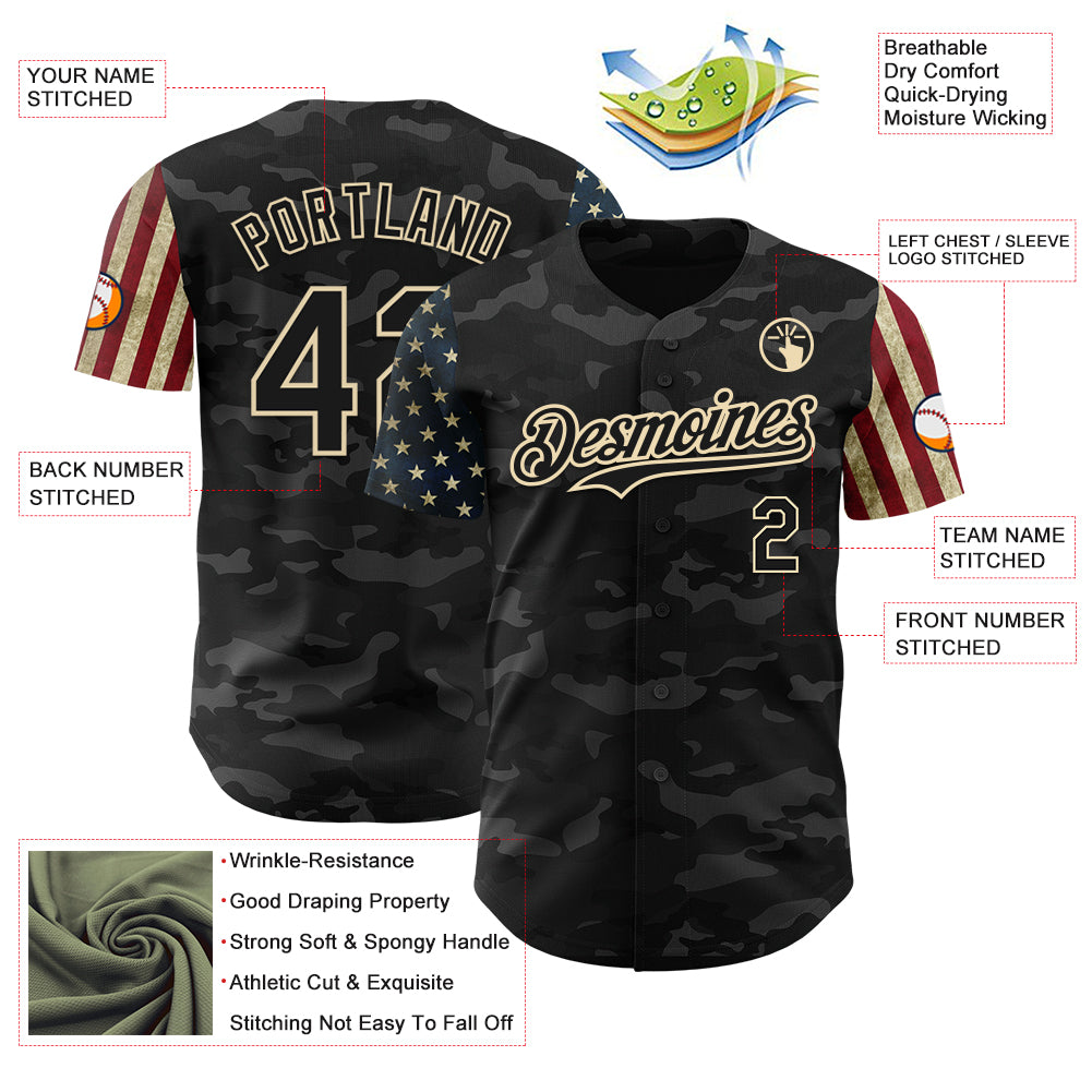 Custom Camo Black-Cream 3D American Flag Authentic Salute To Service Baseball Jersey