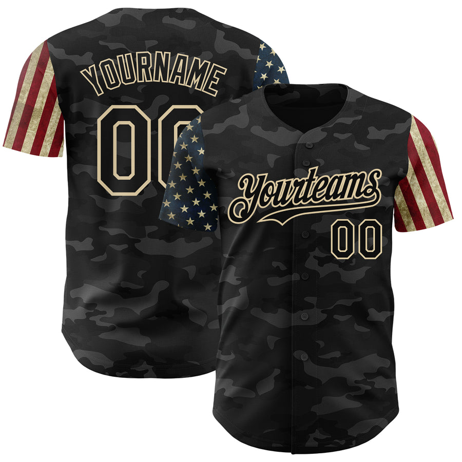 Custom Camo Black-Cream 3D American Flag Authentic Salute To Service Baseball Jersey