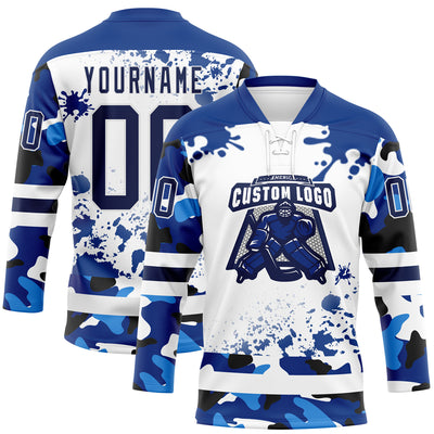 Custom Camo Navy Royal-White Splash Hockey Lace Neck Jersey