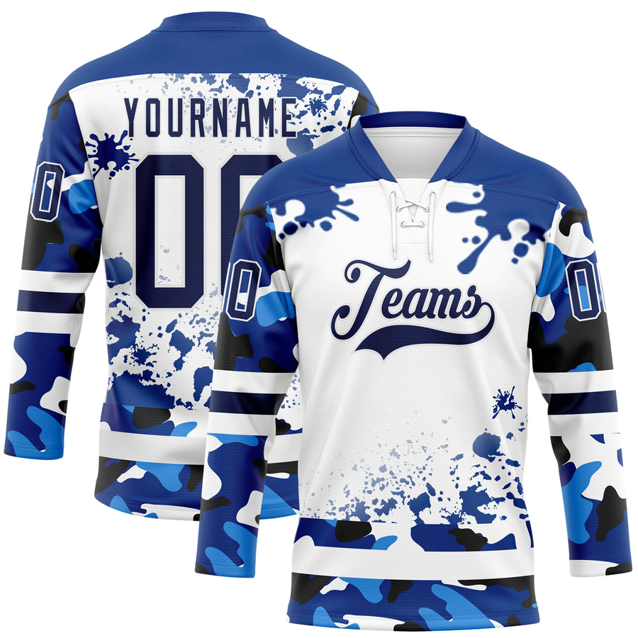 Custom Camo Navy Royal-White Splash Hockey Lace Neck Jersey