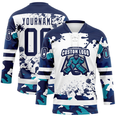 Custom Camo Navy-White Splash Hockey Lace Neck Jersey