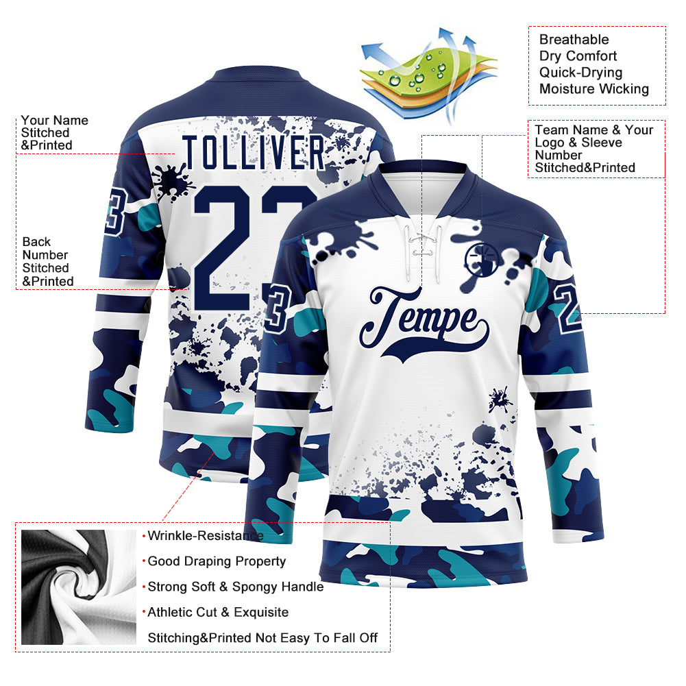 Custom Camo Navy-White Splash Hockey Lace Neck Jersey