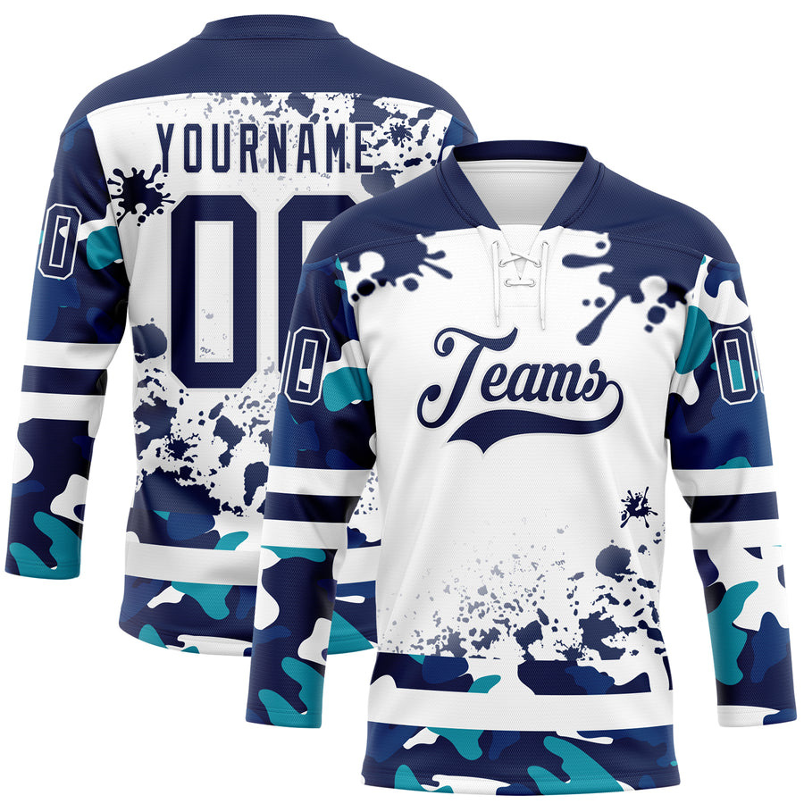 Custom Camo Navy-White Splash Hockey Lace Neck Jersey