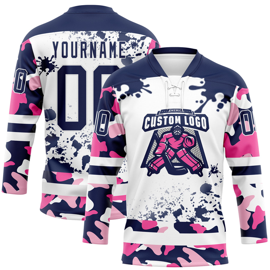 Custom Camo Navy-White Splash Hockey Lace Neck Jersey