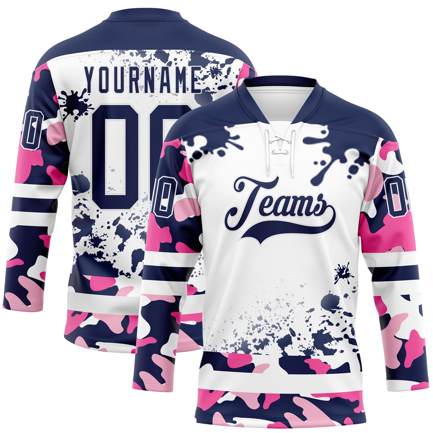 Custom Camo Navy-White Splash Hockey Lace Neck Jersey