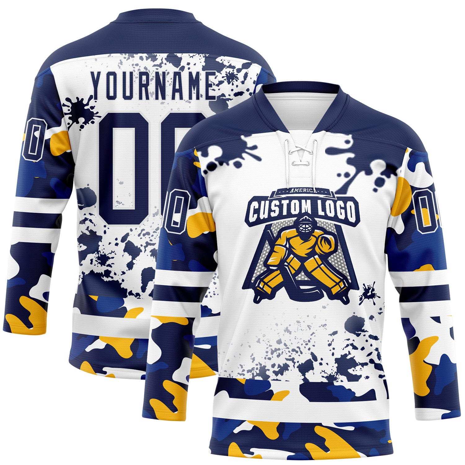 Custom Camo Navy-White Splash Hockey Lace Neck Jersey