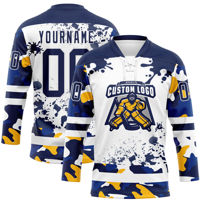 Custom Camo Navy-White Splash Hockey Lace Neck Jersey