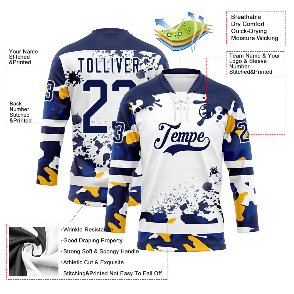 Custom Camo Navy-White Splash Hockey Lace Neck Jersey
