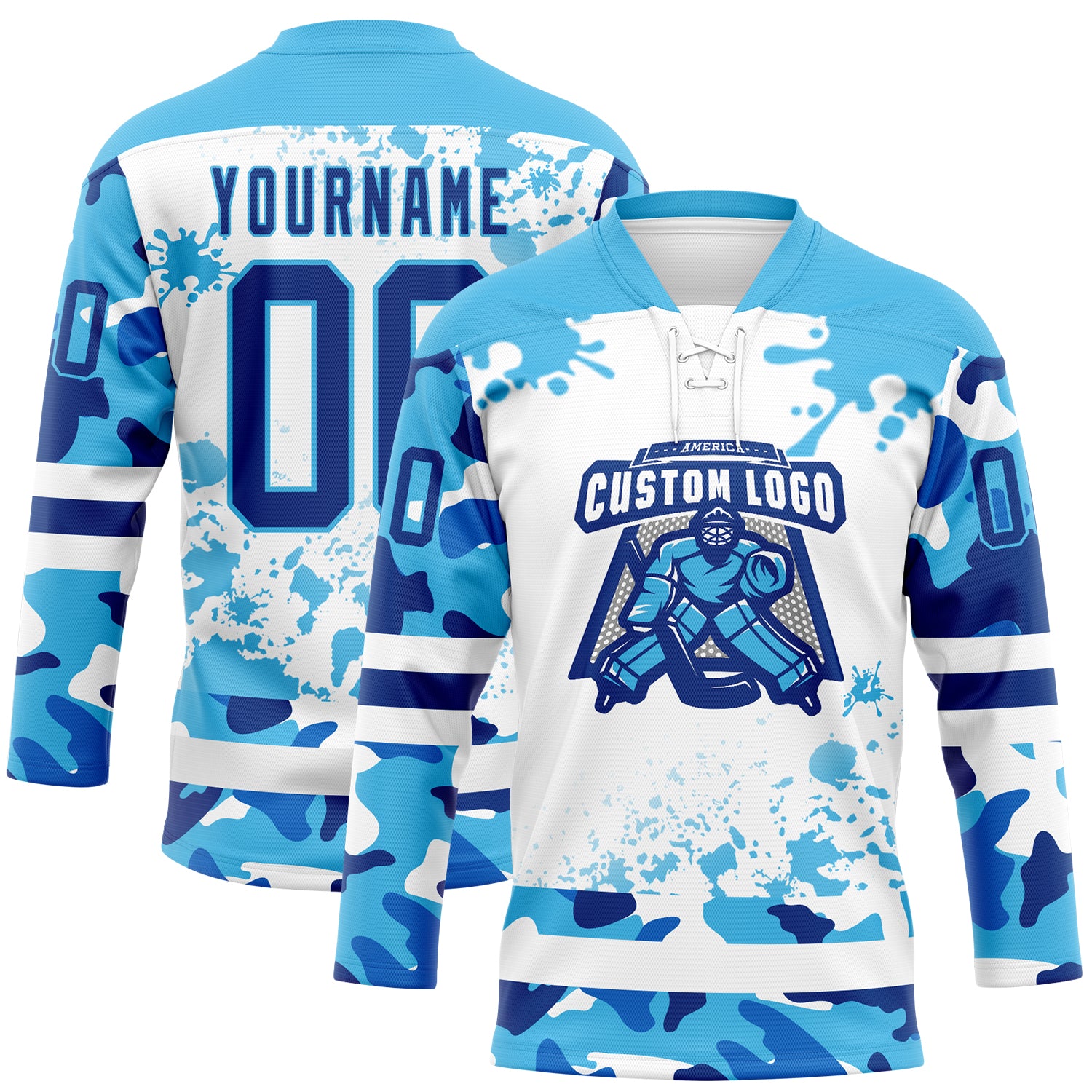 Custom Camo Royal Sky Blue-White Splash Hockey Lace Neck Jersey