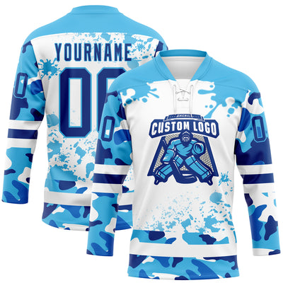 Custom Camo Royal Sky Blue-White Splash Hockey Lace Neck Jersey