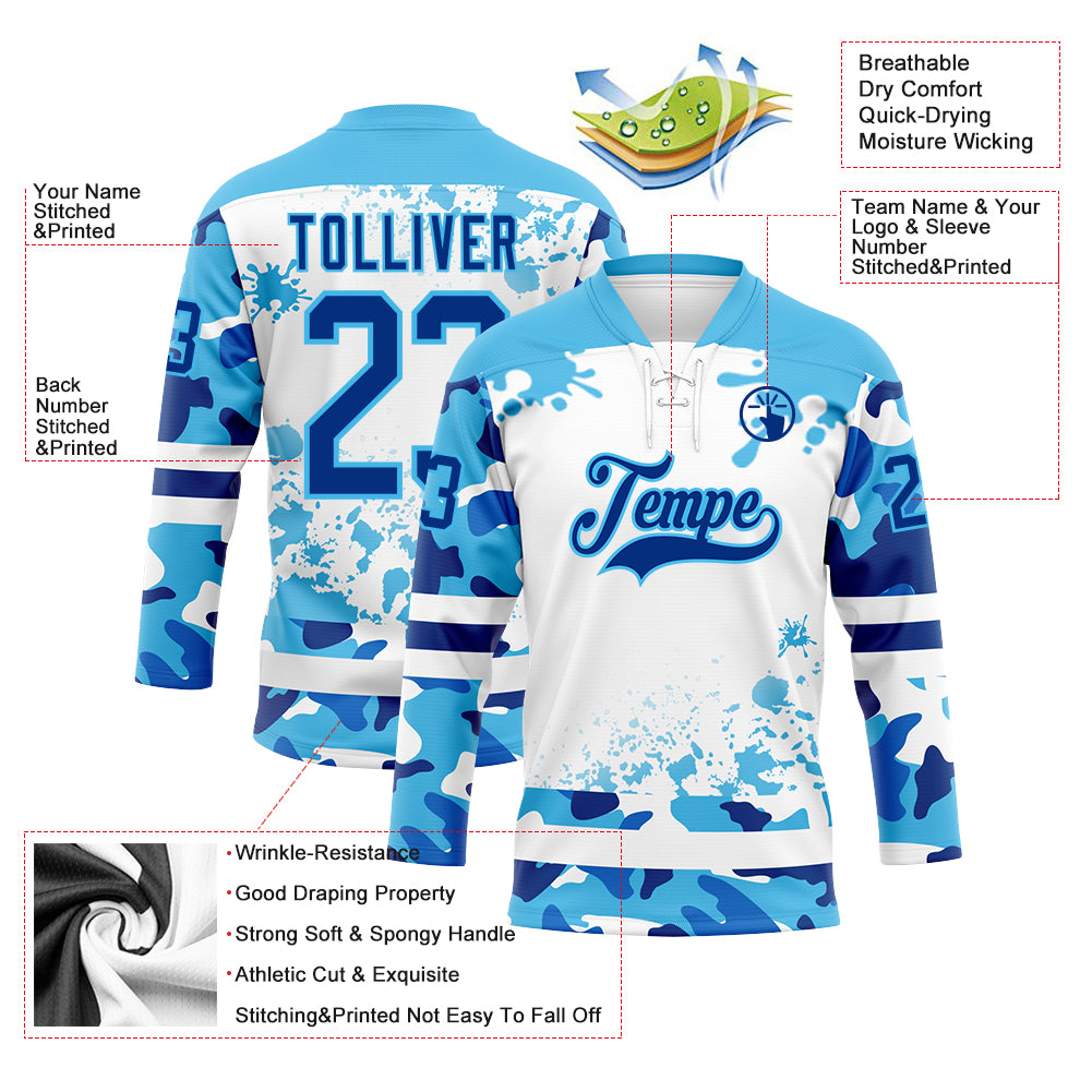 Custom Camo Royal Sky Blue-White Splash Hockey Lace Neck Jersey