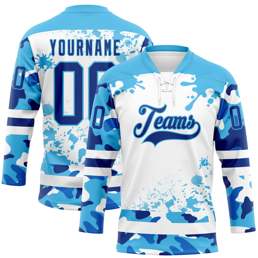 Custom Camo Royal Sky Blue-White Splash Hockey Lace Neck Jersey