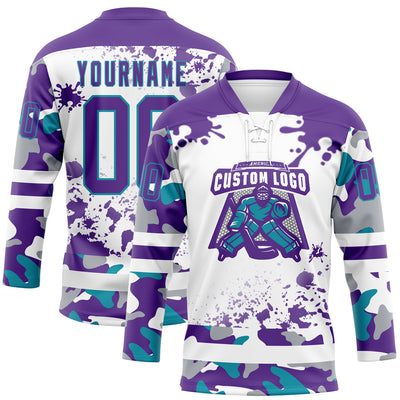 Custom Camo Purple Teal-White Splash Hockey Lace Neck Jersey