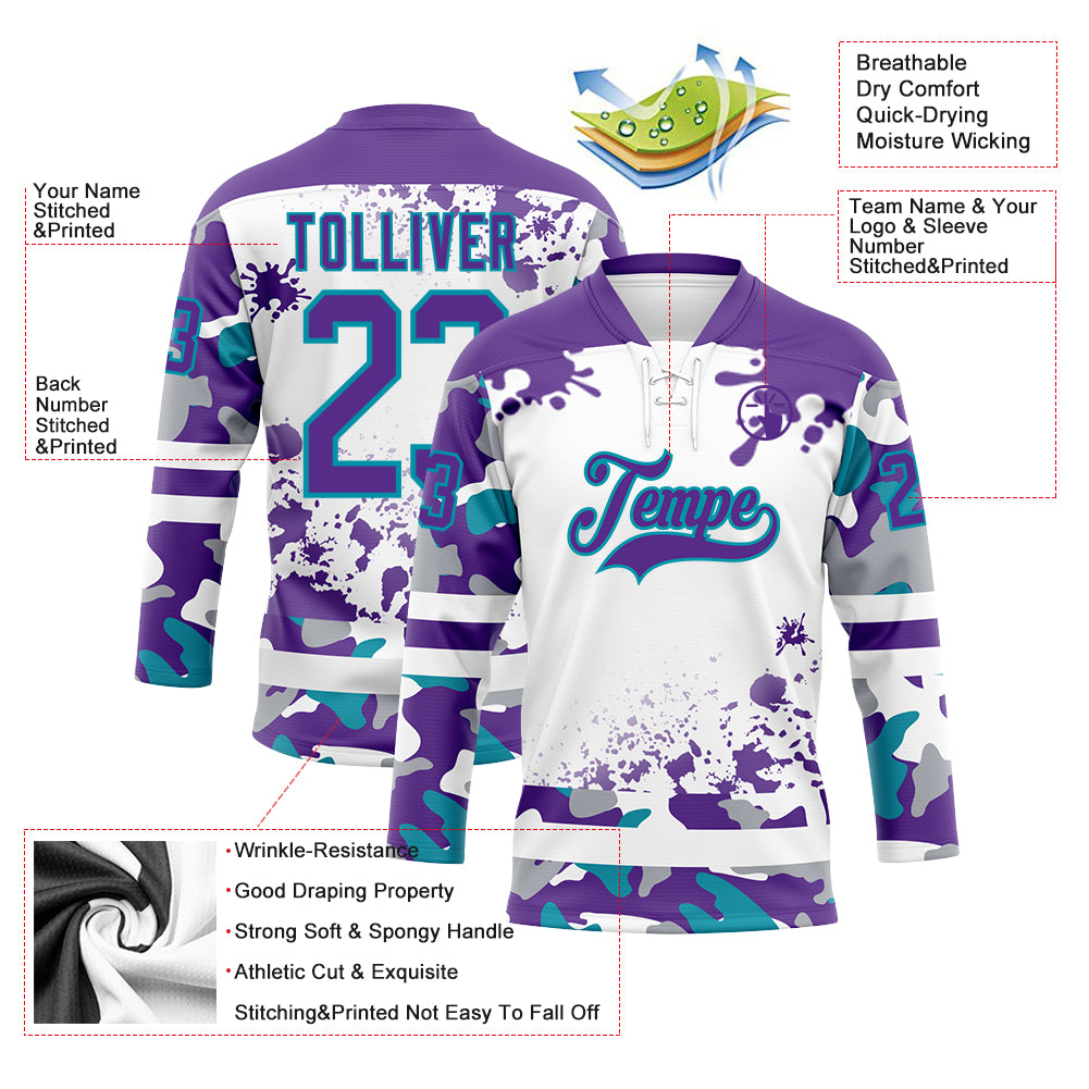 Custom Camo Purple Teal-White Splash Hockey Lace Neck Jersey