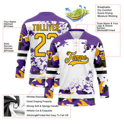 Custom Camo Gold Purple Black-White Splash Hockey Lace Neck Jersey