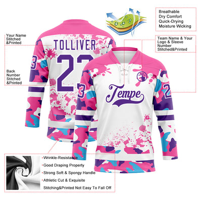 Custom Camo Purple Pink-White Splash Hockey Lace Neck Jersey