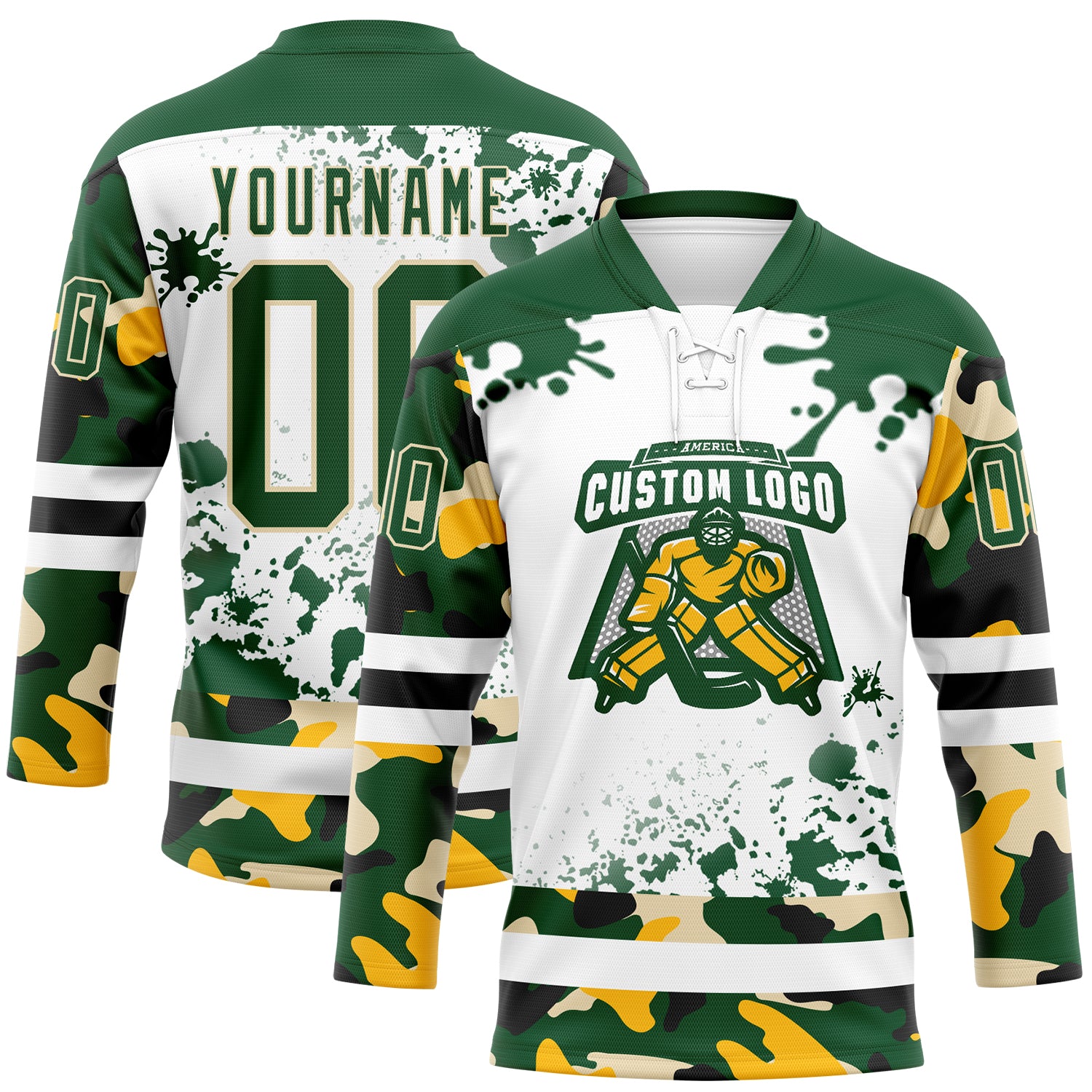 Custom Camo Green Black Cream-White Splash Hockey Lace Neck Jersey