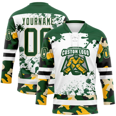 Custom Camo Green Black Cream-White Splash Hockey Lace Neck Jersey