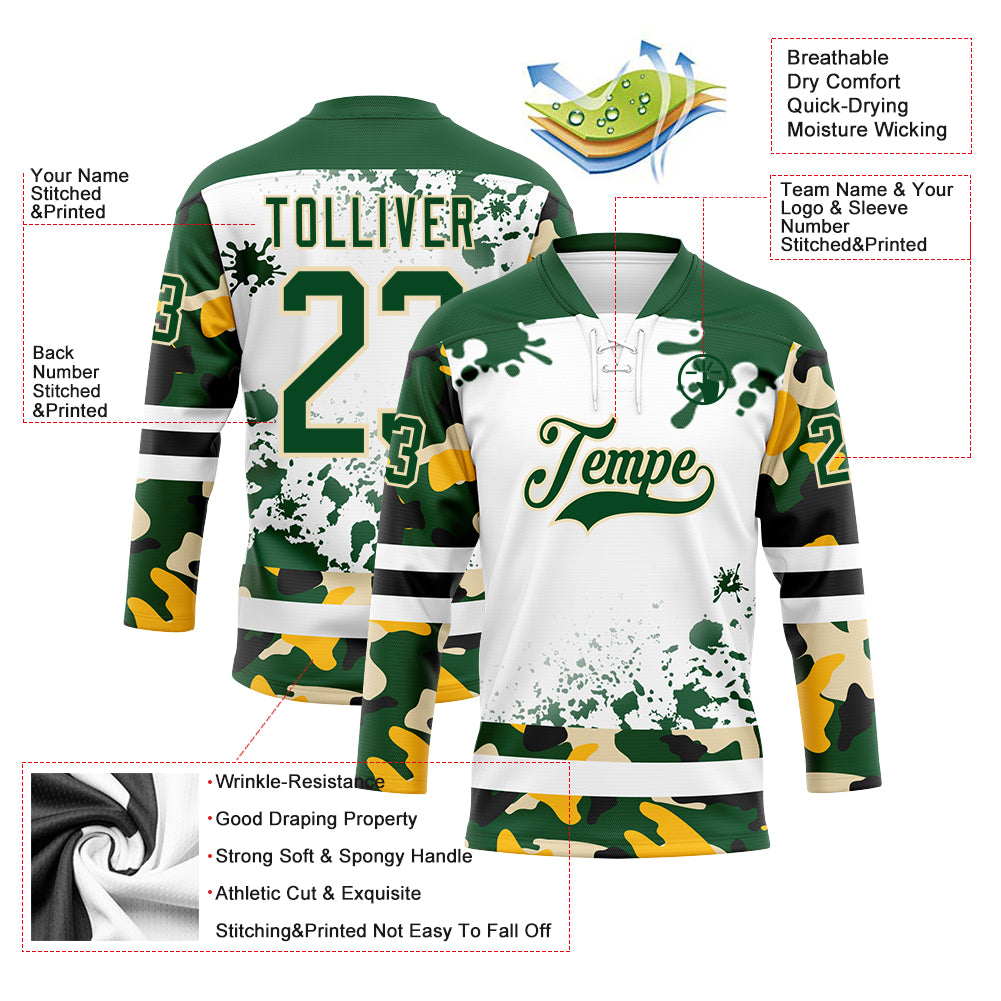 Custom Camo Green Black Cream-White Splash Hockey Lace Neck Jersey