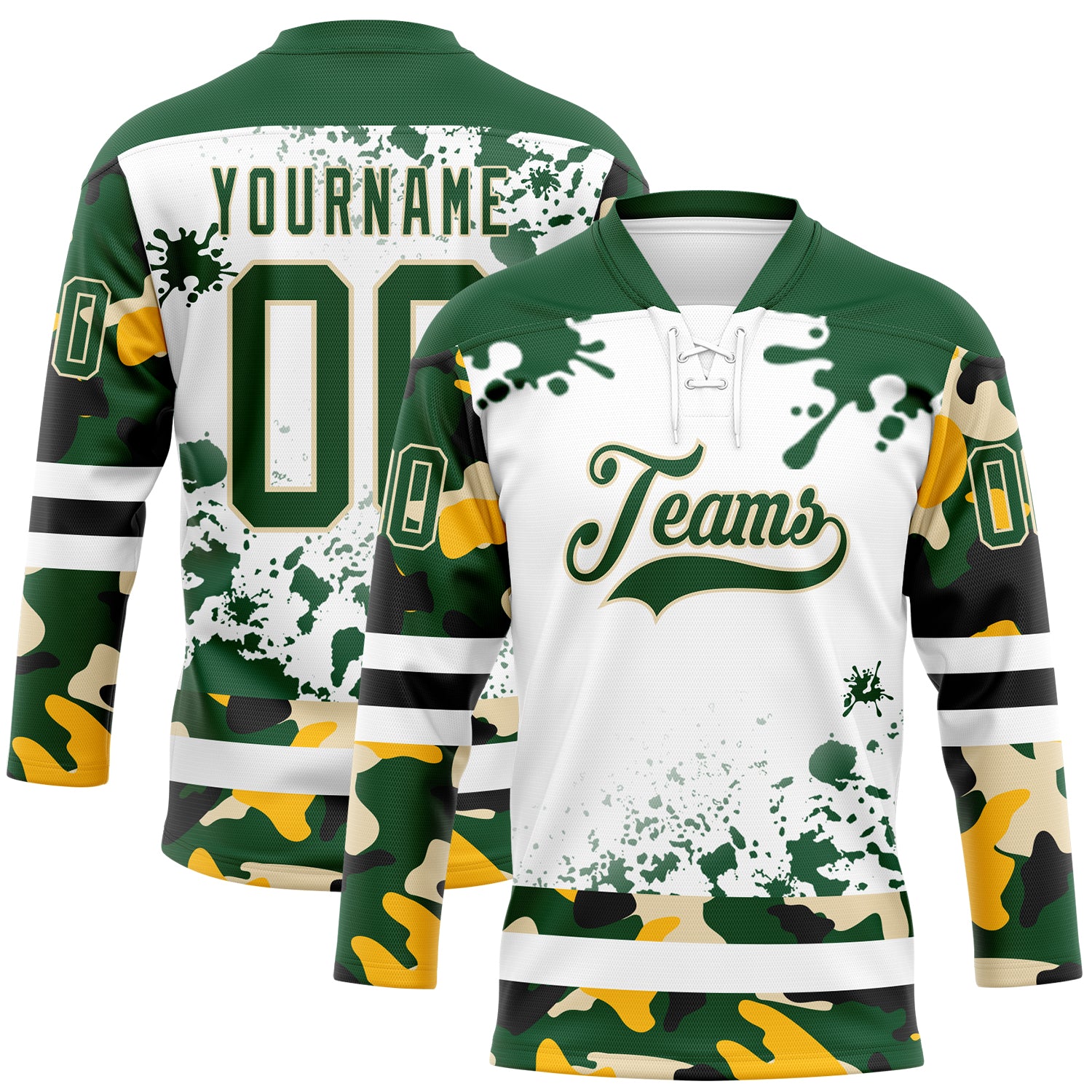 Custom Camo Green Black Cream-White Splash Hockey Lace Neck Jersey