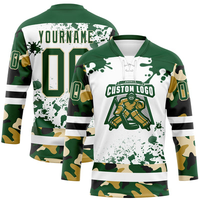 Custom Camo Green Black Cream-White Splash Hockey Lace Neck Jersey