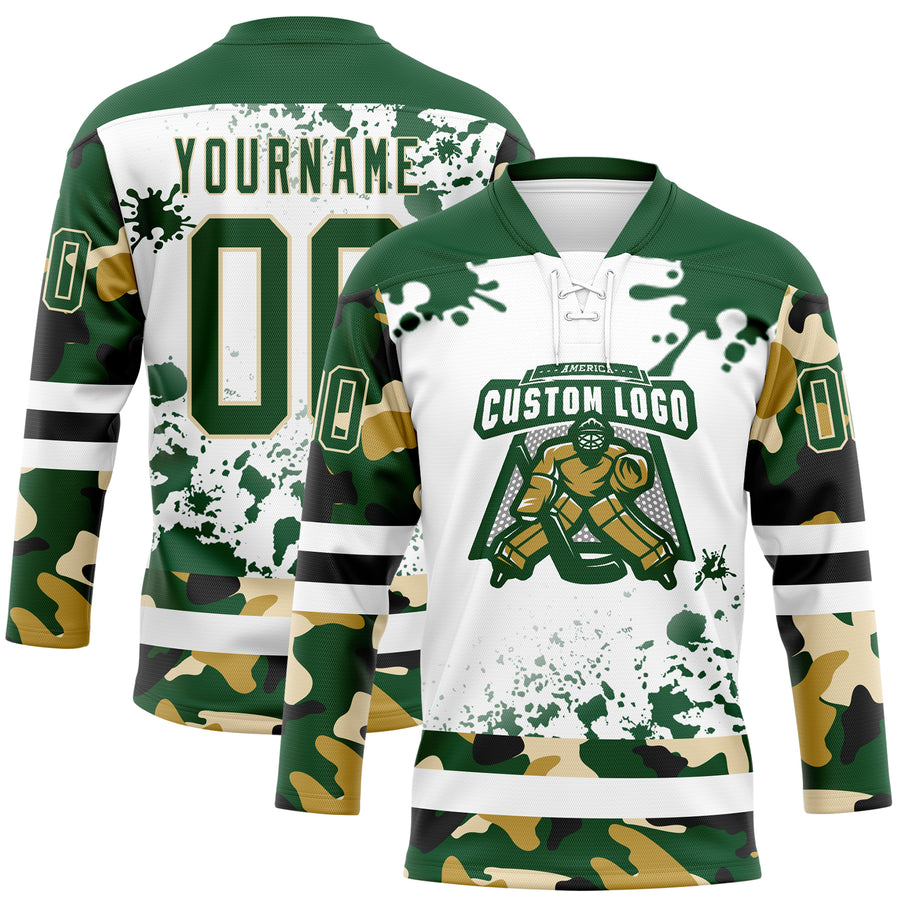 Custom Camo Green Black Cream-White Splash Hockey Lace Neck Jersey