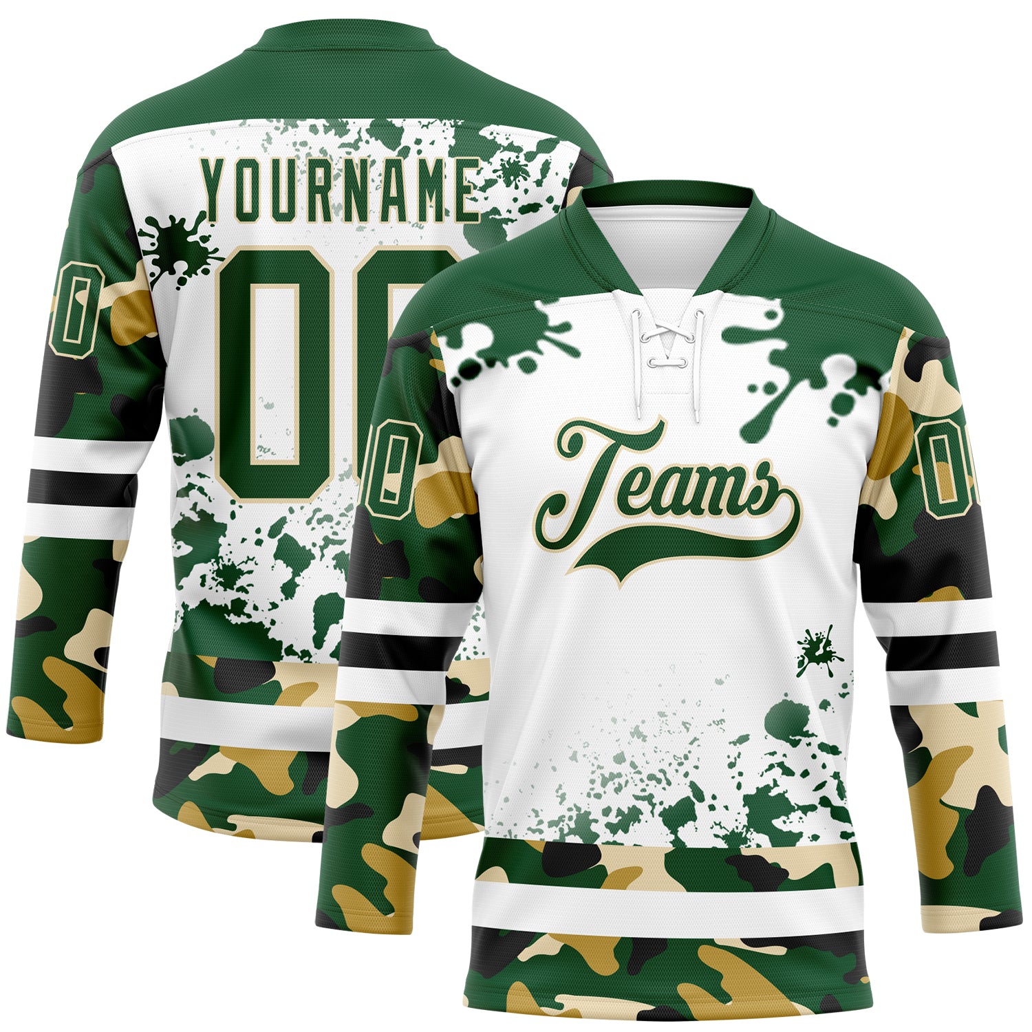 Custom Camo Green Black Cream-White Splash Hockey Lace Neck Jersey