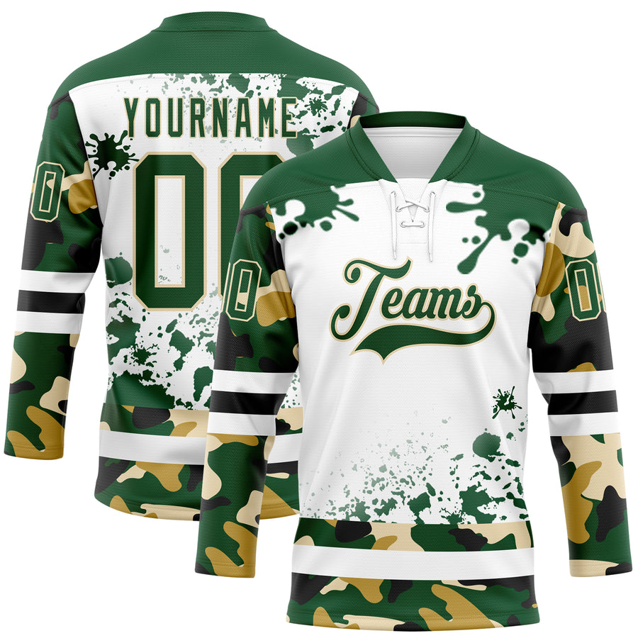 Custom Camo Green Black Cream-White Splash Hockey Lace Neck Jersey
