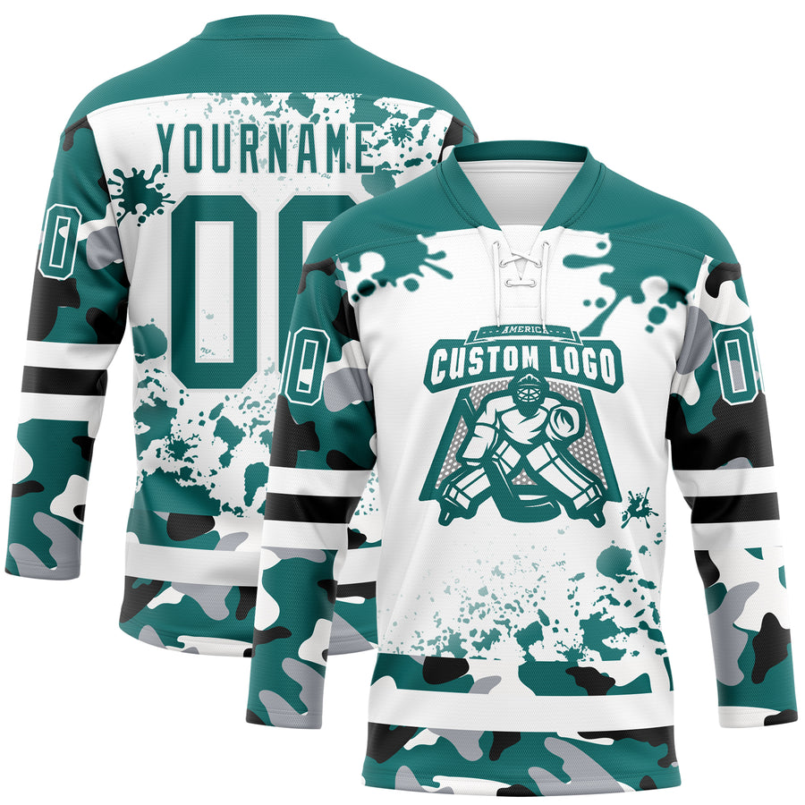 Custom Camo Teal Black-White Splash Hockey Lace Neck Jersey