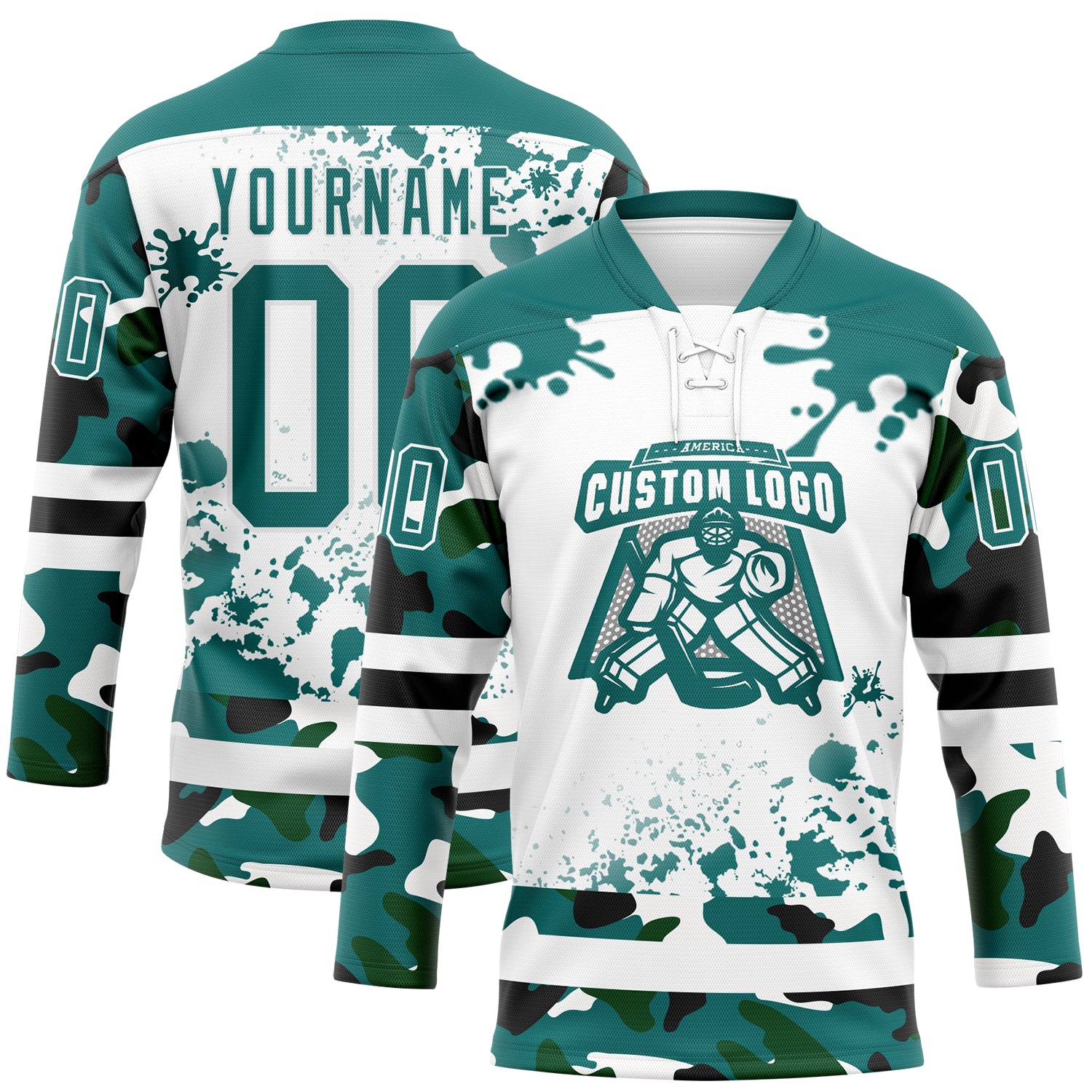 Custom Camo Teal Black-White Splash Hockey Lace Neck Jersey