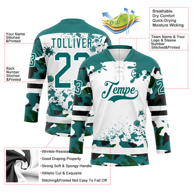 Custom Camo Teal Black-White Splash Hockey Lace Neck Jersey
